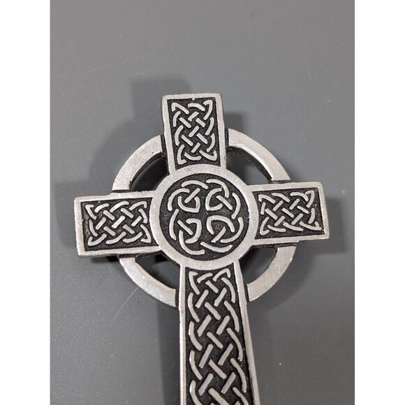 Vintage St Justin Pewter Cross Pin Brooch Celtic Knot Silver Tone - Picture 2 of 7